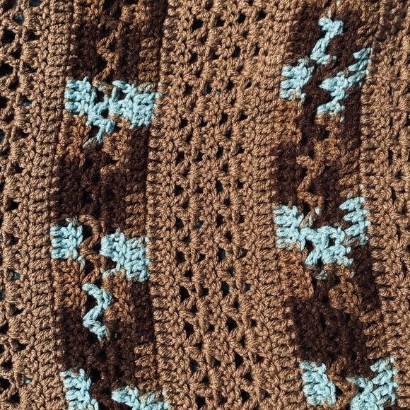 Handmade Afghan Throw Blanket Hand Crocheted Brown Turquoise NEW - Picture 3 of 5